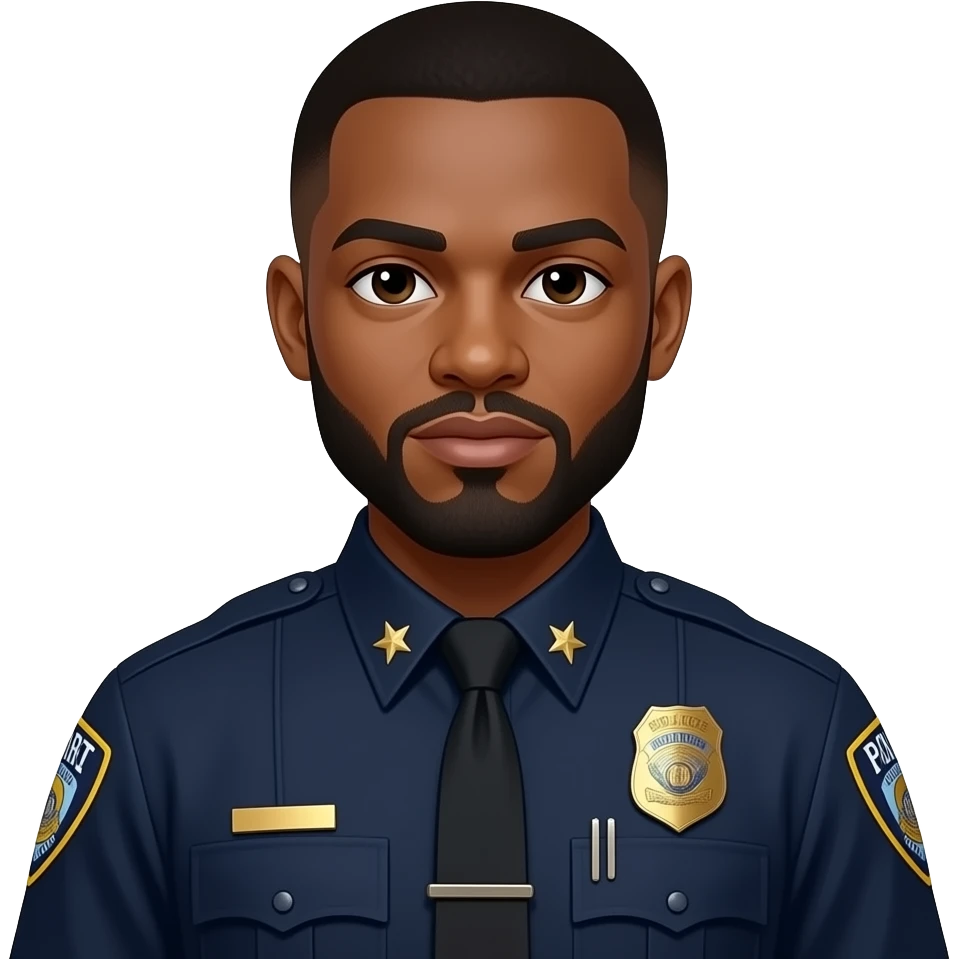medium complexation black officer with beard and mustache and low tapper haircut and BART police uniform with gold badge, no stars on collar emoji