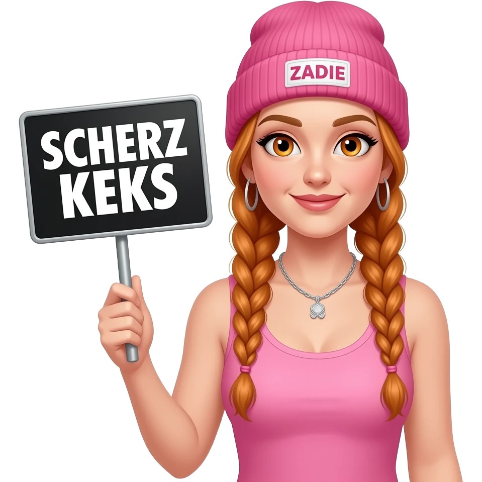 sexy girl with overlong ginger braids and ginger eyes wearing a pink tanktop and a pink beanie with ZADIE written on it, is holding a black sign with SCHERZ KEKS on it emoji