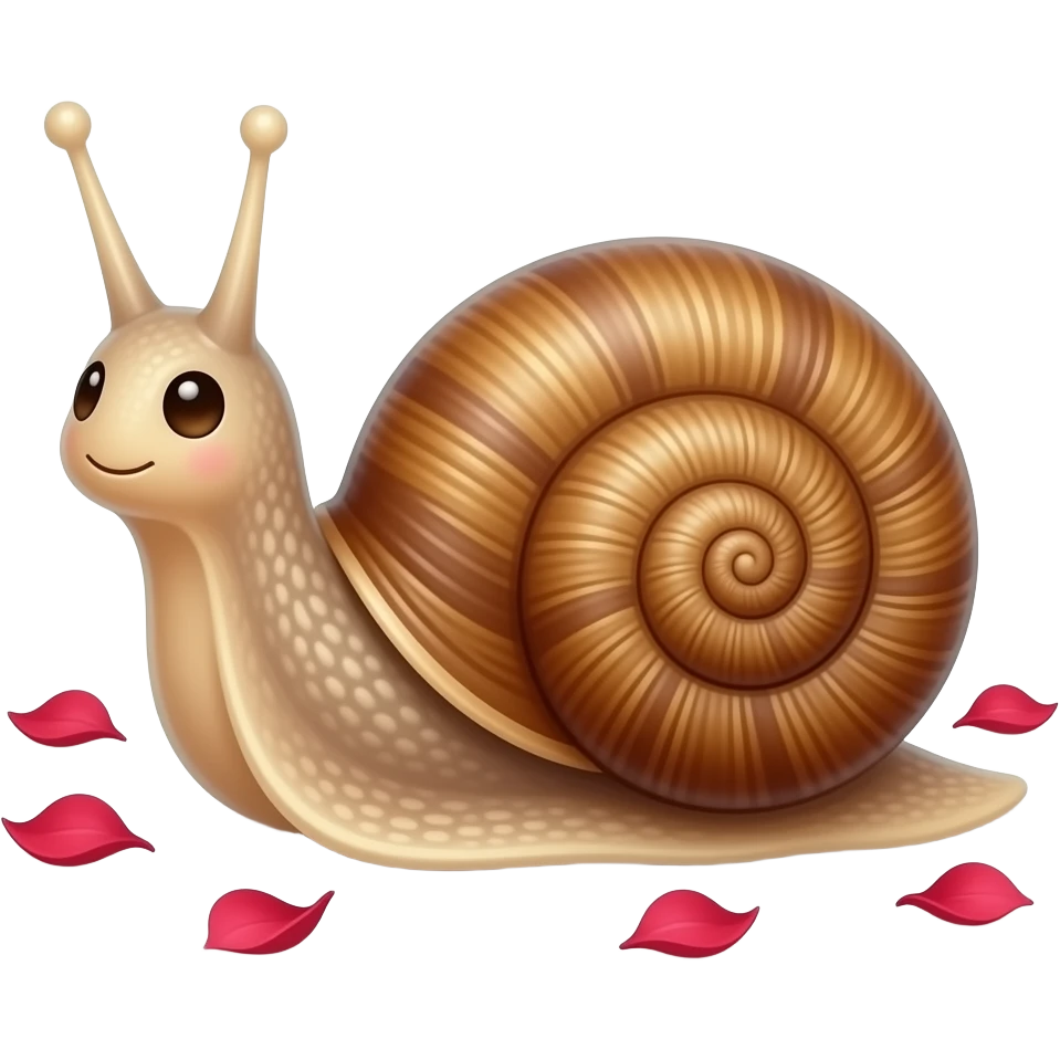 Нарисуй реалистичную милую улитку а рядом с ней лепестки роз emoji
