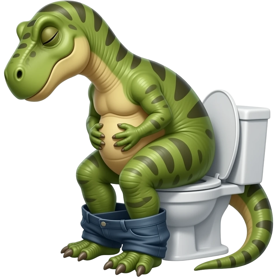 dinosaur sitting on toilet, side view, sitting on toilet, side view, pants down, straining, eyes closed, pushing, squeezing, hands on stomach emoji