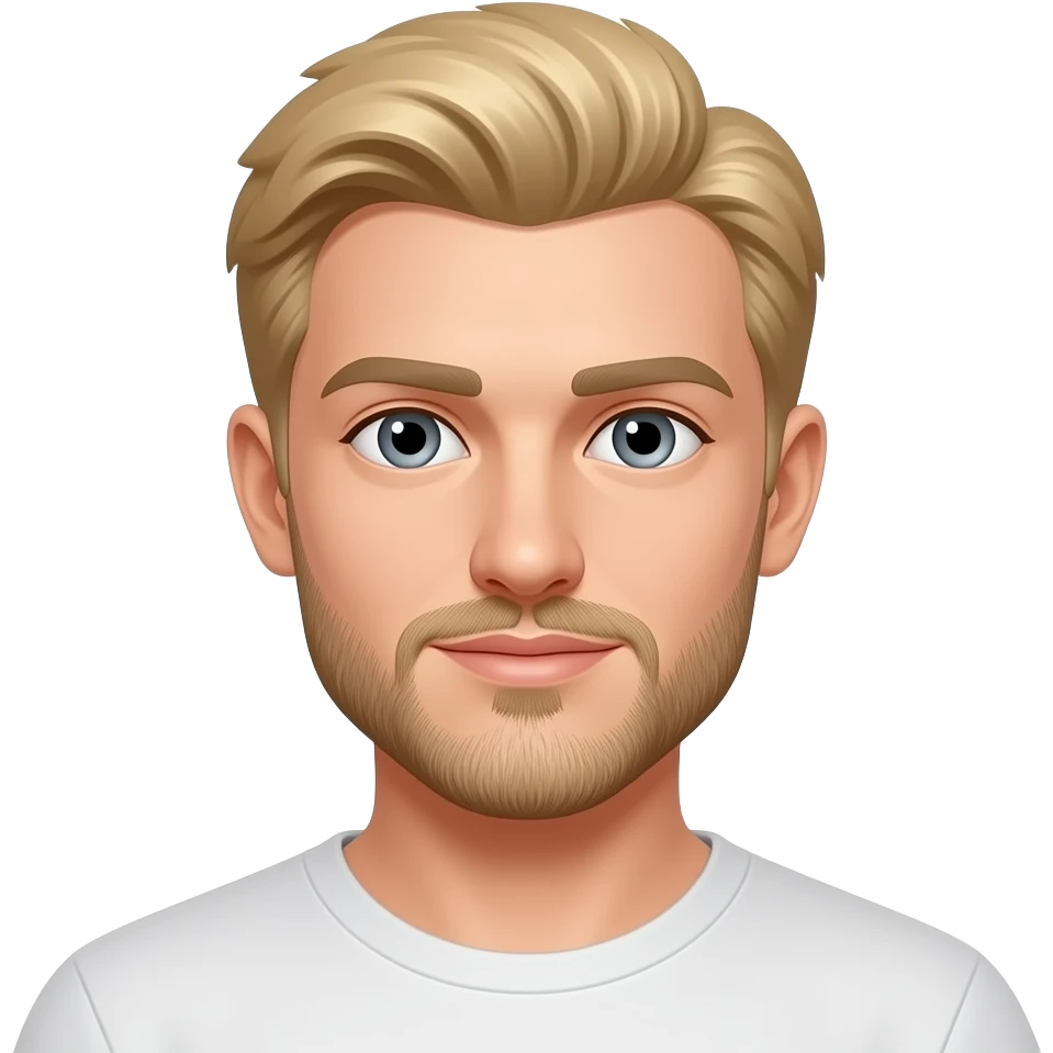 a white blonde young man, grey eyes, goatee and vellus mustache, long face emoji