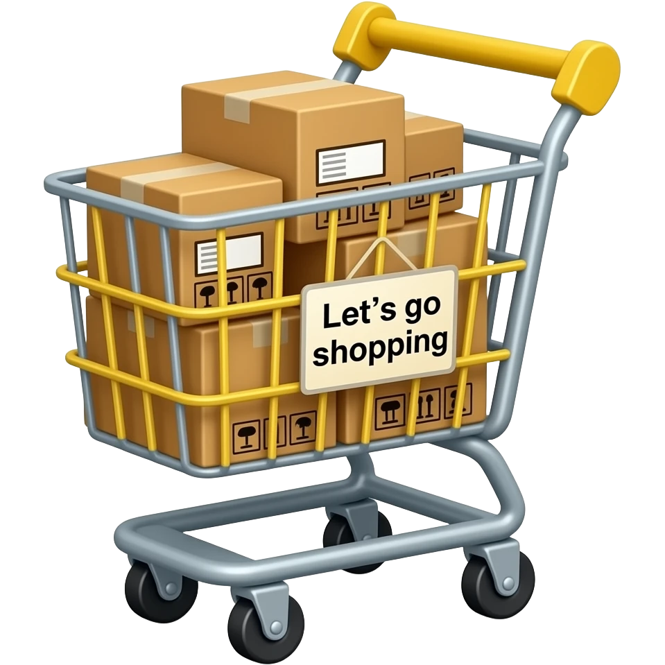 crear un carrito de supermercado amarillo con cajitas de carton y que diga arriba, vamonos de compras emoji