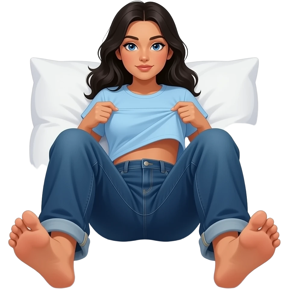 Hispanic girl with black hair and blue eyes light blue plain shirt and dark blue baggy jeans and belly button laying down on her pillow on her bed showing her feet lifting her shirt all the way up emoji