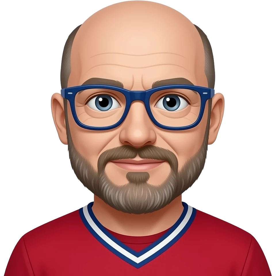 Homme, yeux bleu gris, chauve, barbe pinche, lunettes bleu marine, 50 ans, Canadiens de Montréal emoji