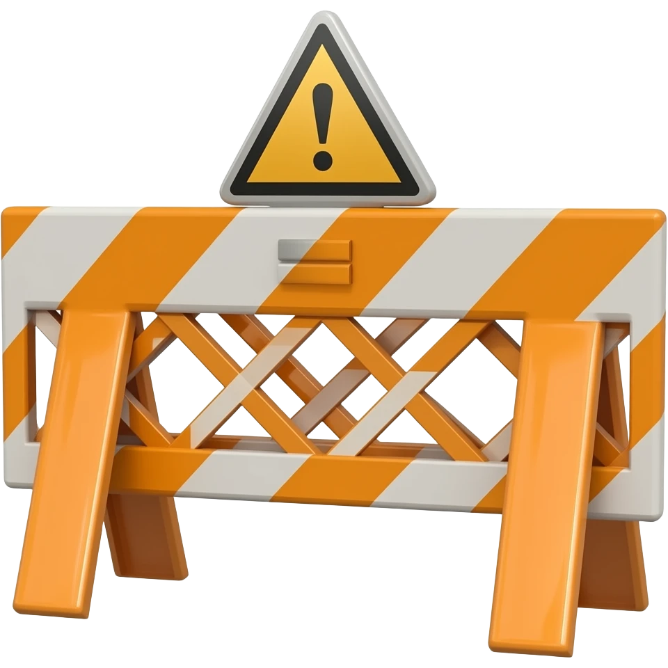 orange road barrier with a triangular plaque with the symbol "!" emoji