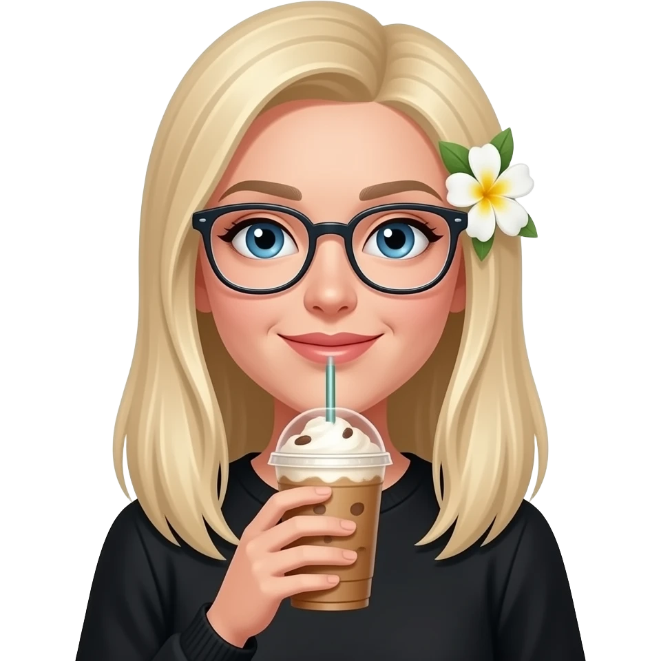 white woman, longer straight blonde hair, blue eyes, glasses, frozen coffee, black clothes, flower over right ear emoji