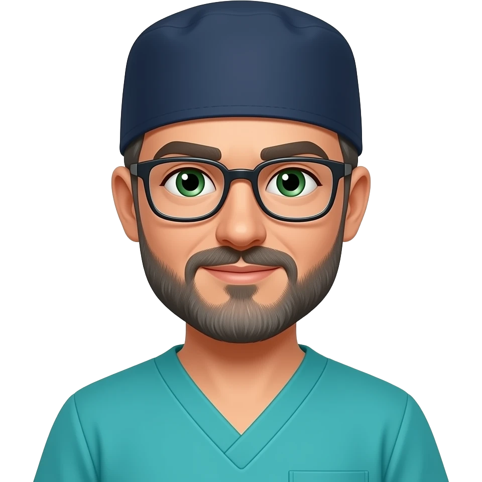 doctor with dark gray hair, beard stubble and green eyes in dark navy scub cap, torquoise shirt with no eyeware emoji