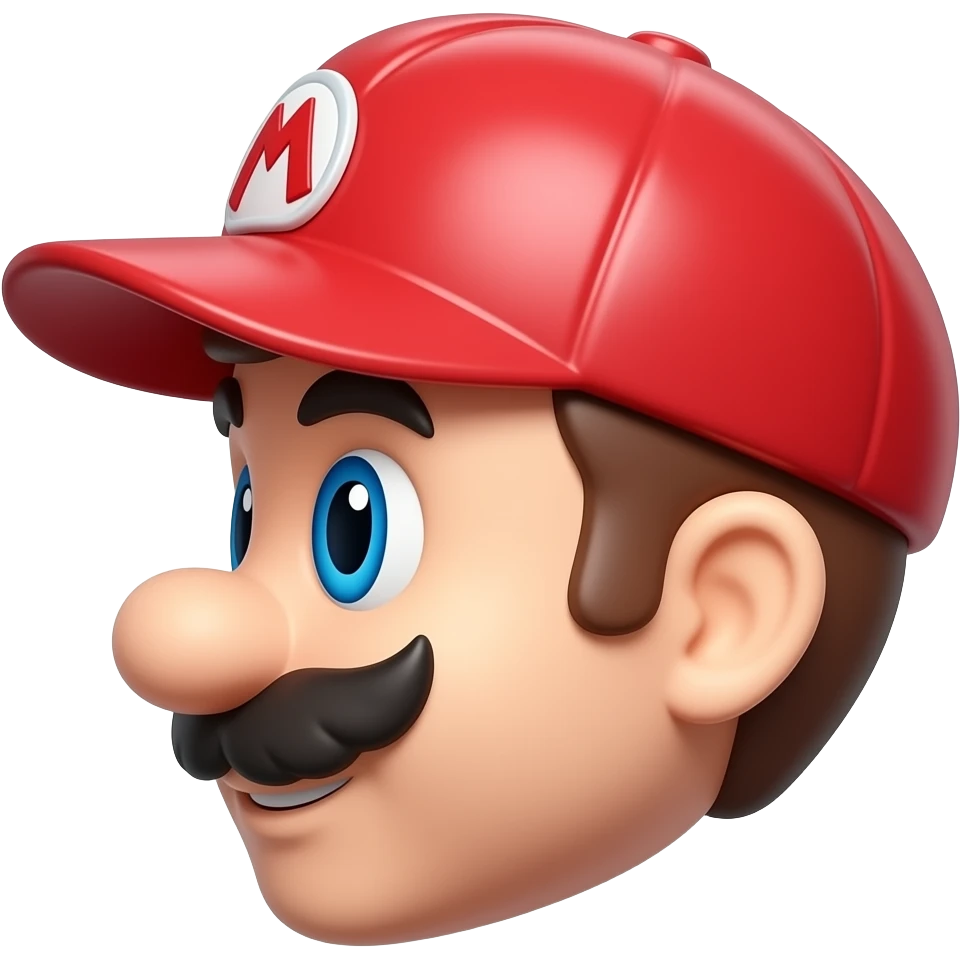 same exact cute 3D plumber emoji character, left side profile, glossy red cap, blue eyes, cartoon mustache, pixar style, smooth 3D emoji render, only camera angle changes, same character identity, same proportions, same colors emoji