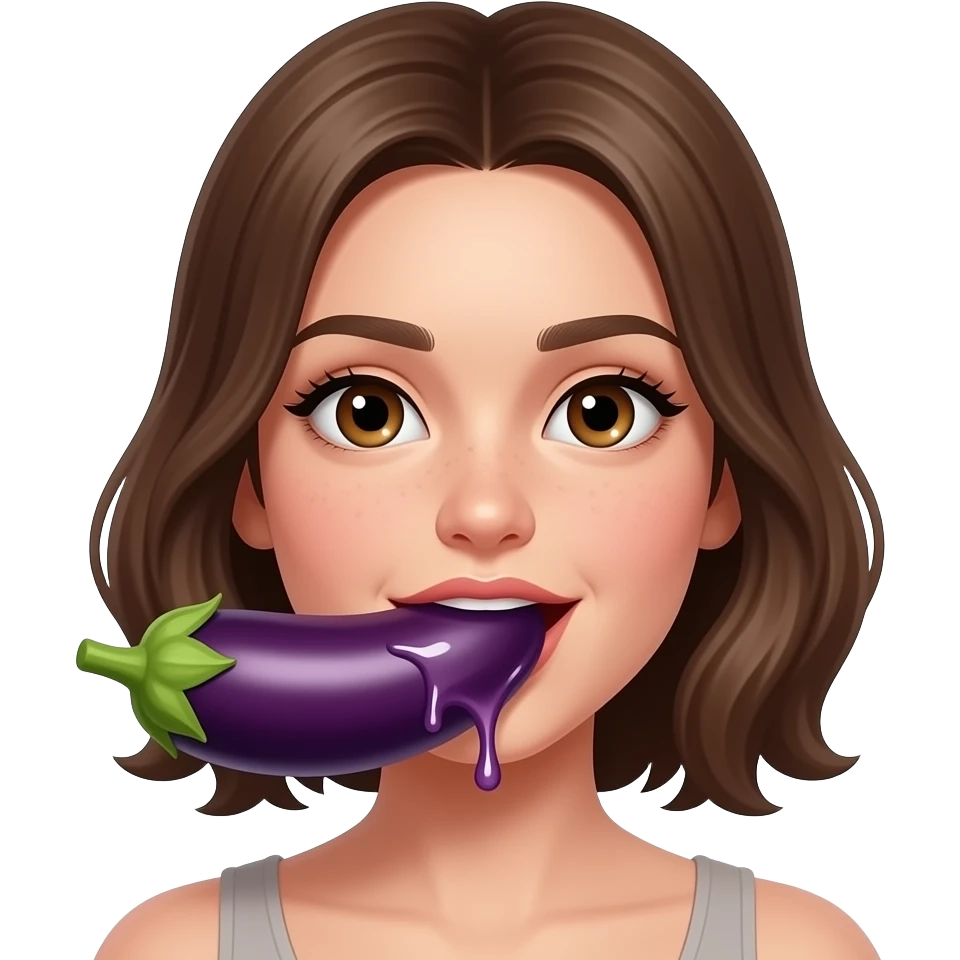 Brown haired, brown eyed Girl licking dripping juicy eggplant with saliva emoji