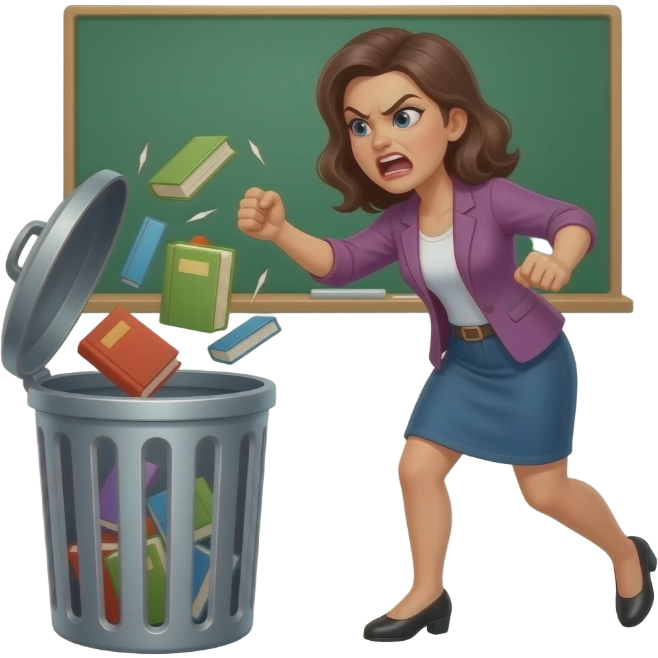 Vengeful Woman throwing away textbooks in trash can emoji
