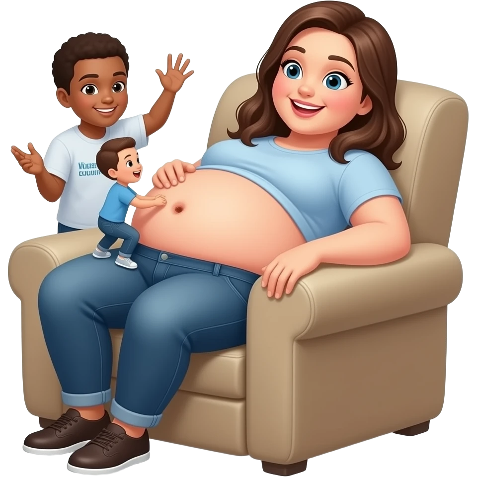 A female giant rests on a recliner sofa,with friendly gentle manner she hangs out her overfed rotund exposed belly,so the tiny volunteer admirers can use the girl’s vulnerable belly to bounce on,The female giant giggles because her bellybutton is ticklish. emoji