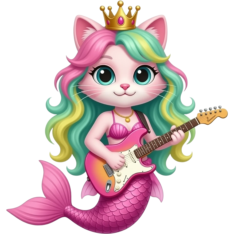 pink anthro cat with pink and green and yellow hair a pink Seashell bikini a pink mermaid tail holding a guitar and a crown emoji