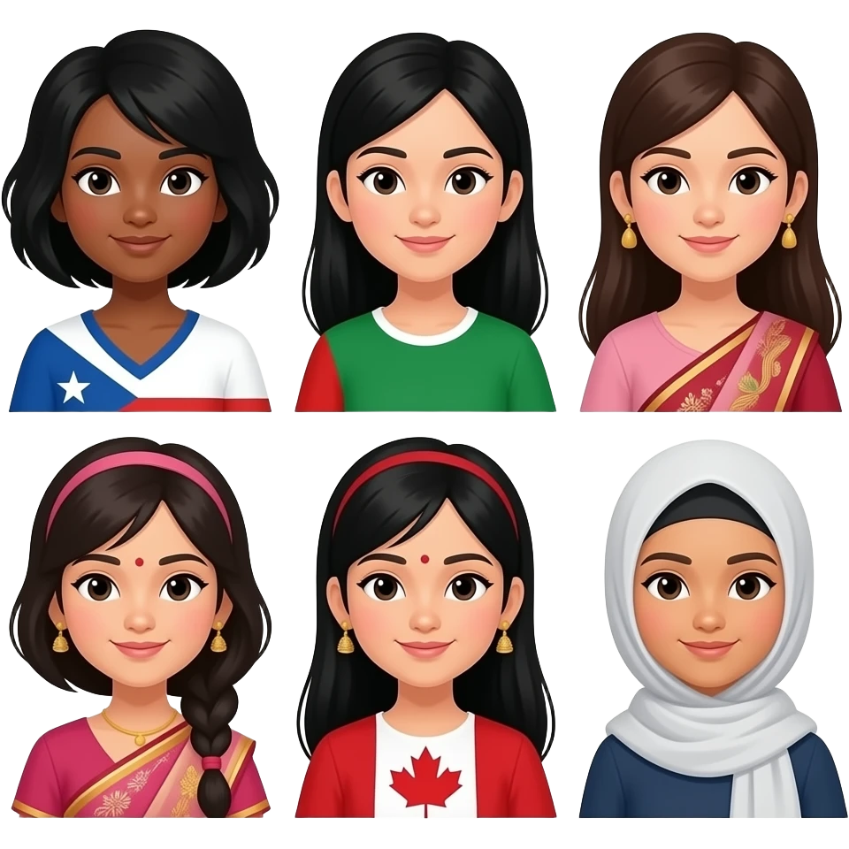 Make 9 girls, one black girl, one Korean girl, one Filipina girl, one Italian/polish girl, one Japanese girl, one Indian girl, one Indian girl, one Canadian girl, and one hijab girl emoji