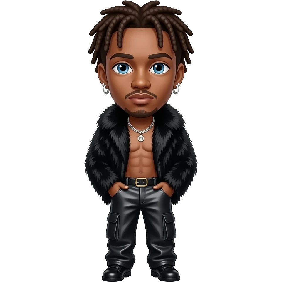 Jack Harlow, white rapper with ivory skin, blue eyes, brown hair, black fur shawl, black metallic baggy pants, shirtless with necklace and earrings emoji