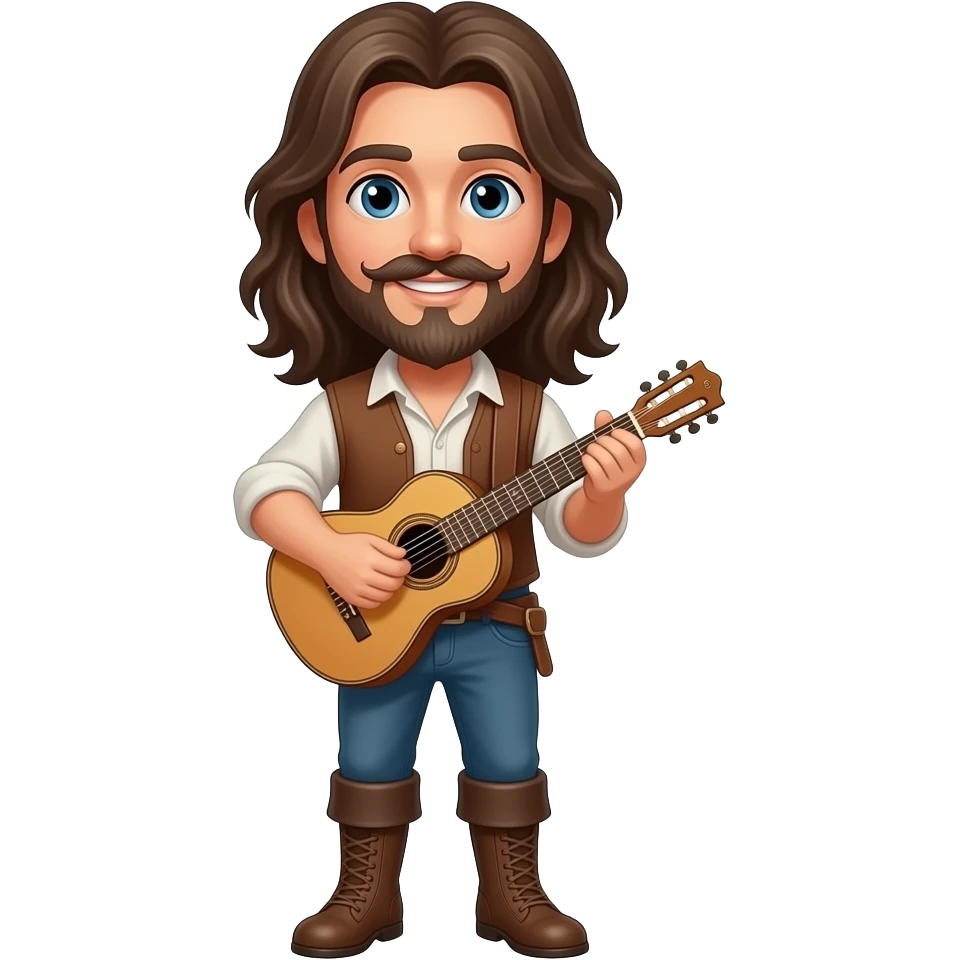 Beautiful Happy Bard with long hair, Handlebar mustache, pointed goatee and a lute full body emoji