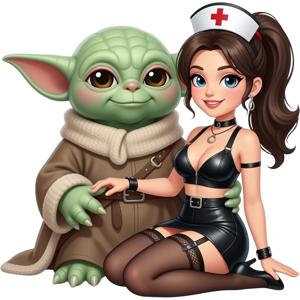 Pony tailed nurse with DD breasts, in black leather 2 piece skimpy outfit, smiling with garter belt  and sitting on Yodas lap emoji