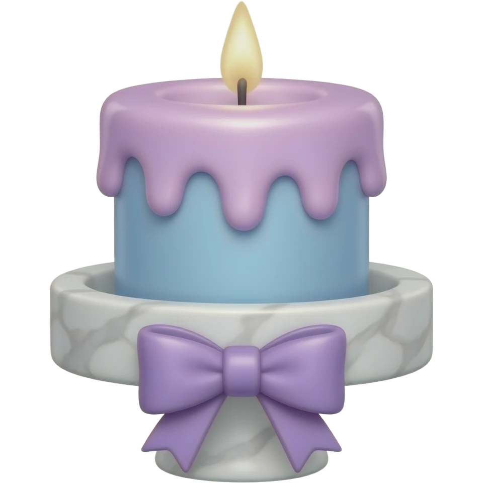 glossy soft smooth  short neat petite cute slim dainty narrow Pastel violet vintage candle on a white marble-candle-holder-stand, bow tie, light-blue, pink, white, pastel purple emoji