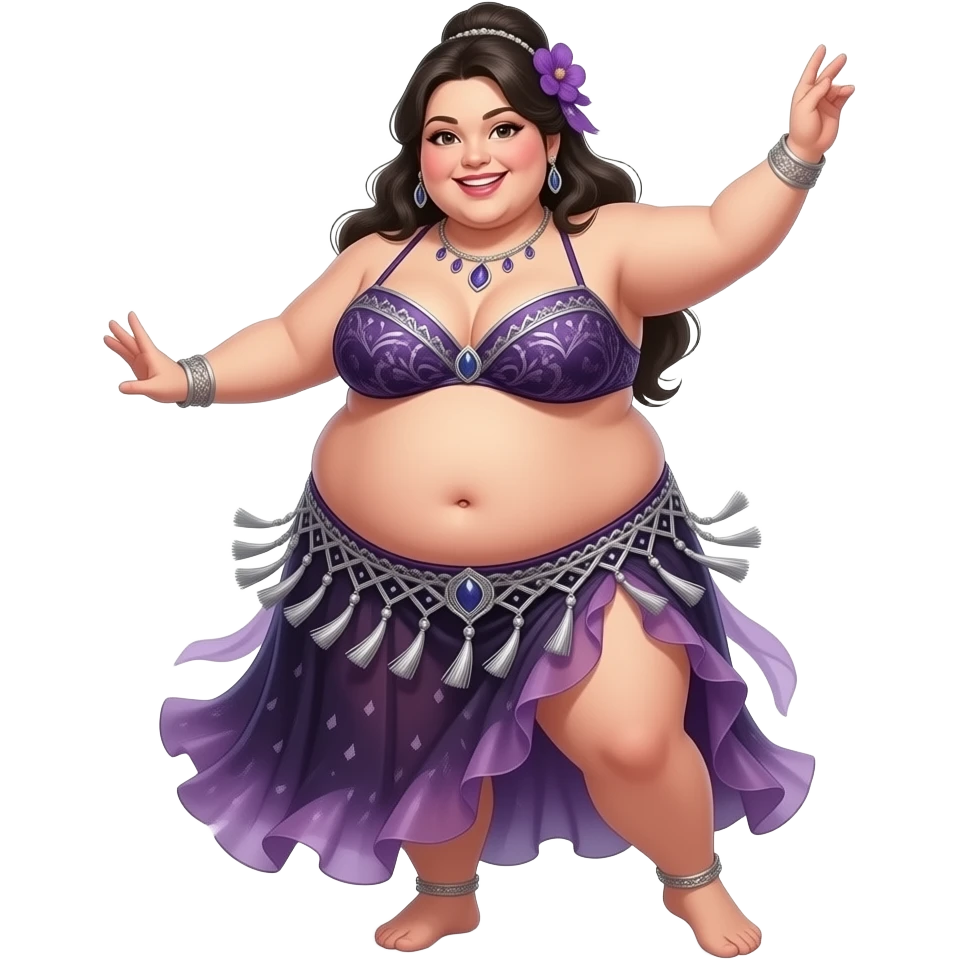 A sumo girl belly dancer,with an morbid obese love handles & muffin top midriff,her bellybutton bulging from being stuffed to the max after a luncheon buffet,She dances then her bouncy belly wobbles a lot. emoji