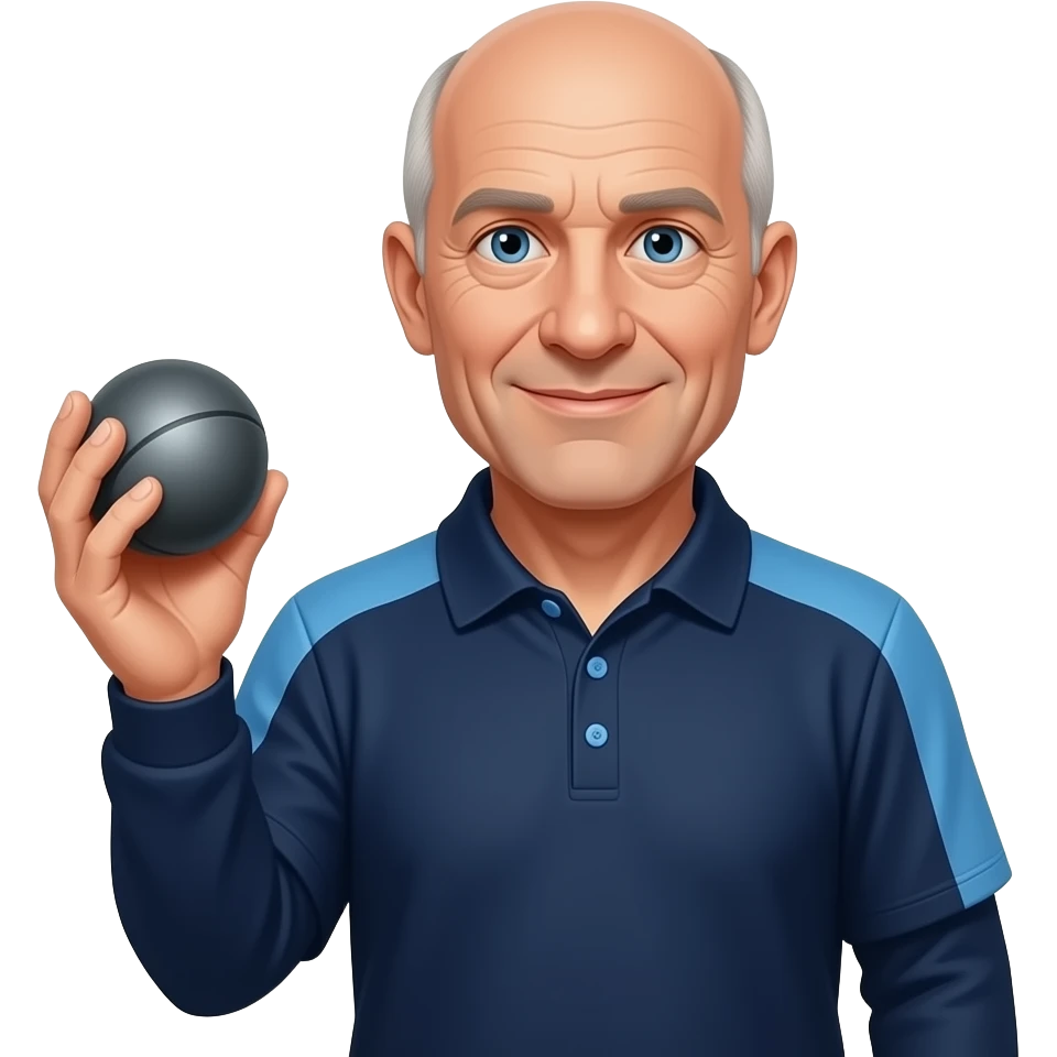 tête homme 60 ans yeux bleus complètement rasé avec boule de pétanque grise à la main sur maillot bleu foncé avec col trois boutons bleu clair et avec épaules seules bleu clair coté bras bleu foncé droit Pétanque LIVERDUN, côté gauche "Péridon paysage" emoji