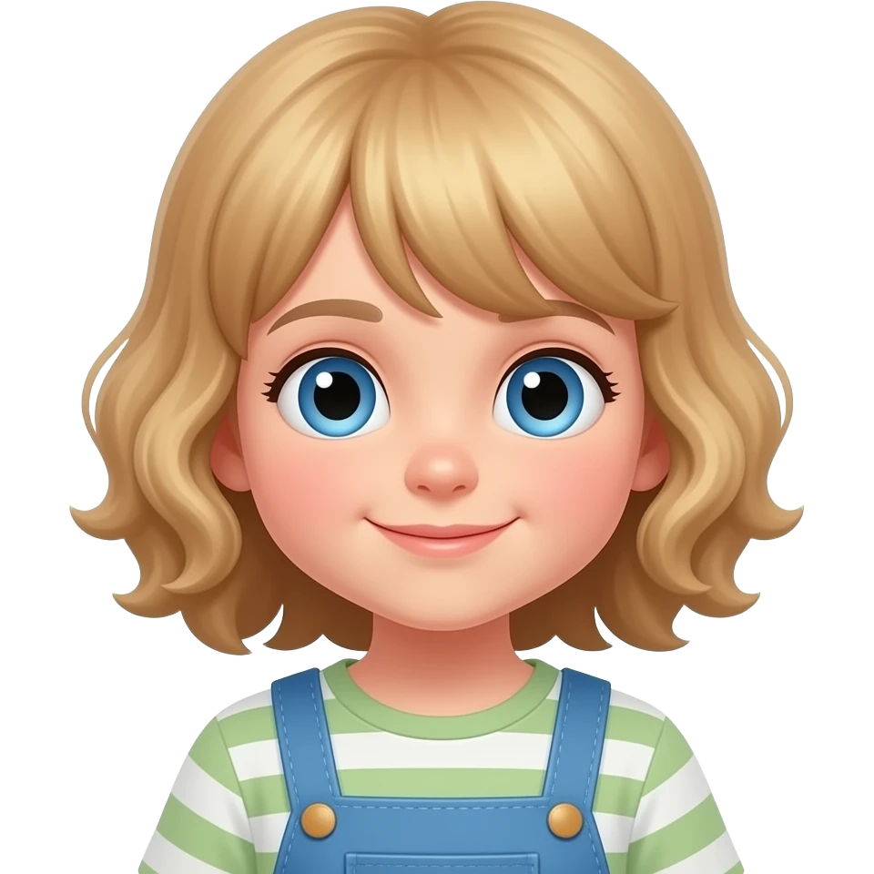 white kid blue eyes mid length hair to shoulders with bangs soft curly hair to shoulders in color: middle to little darker blond. doing house chores. emoji