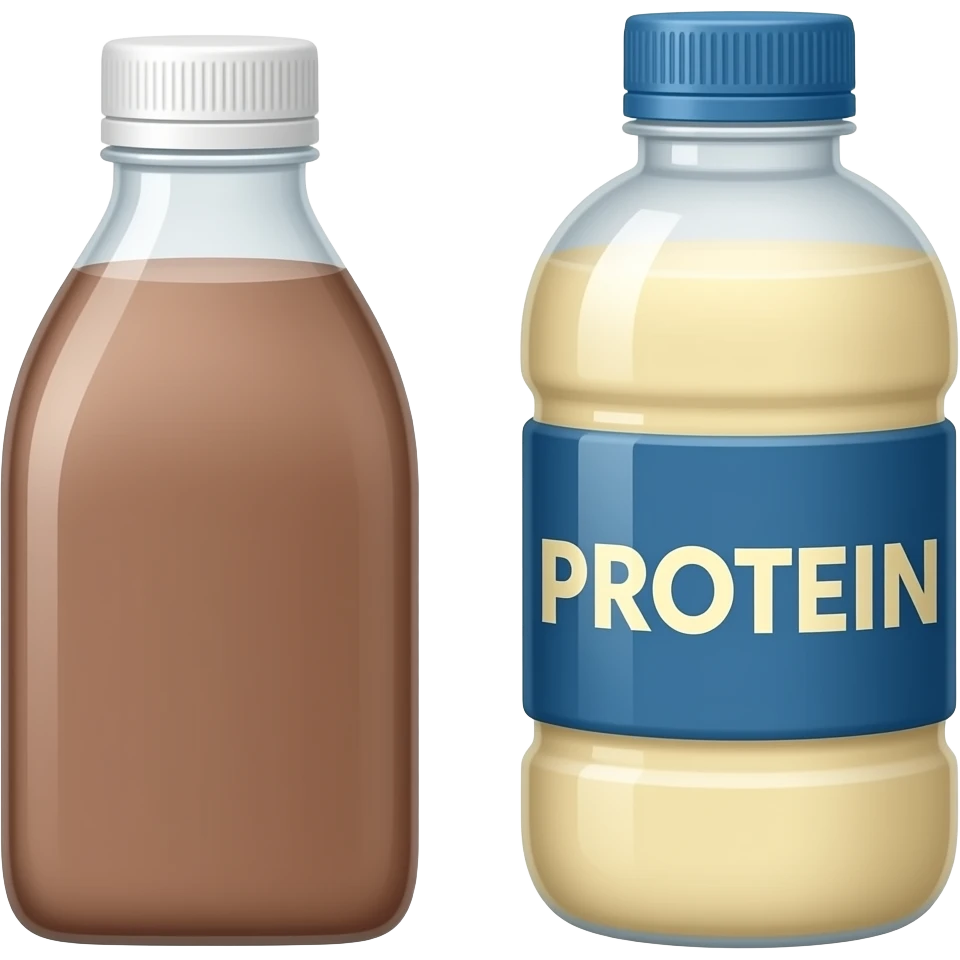Labeled Chocolate milk in a bottle and a protein  drink in a bottle next to each other emoji