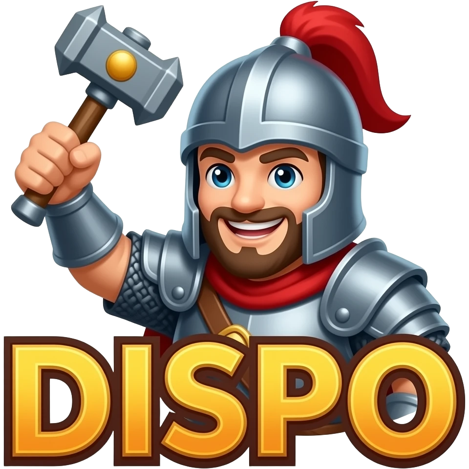 Funny cartoon Discord emote of a medieval warrior inspired by Albion Online. One hand raised ("I'm available!"), big smile, holding a mace, thick outlines, bright colors, transparent background, bold "DISPO" text, 1:1 square, readable at small size. emoji