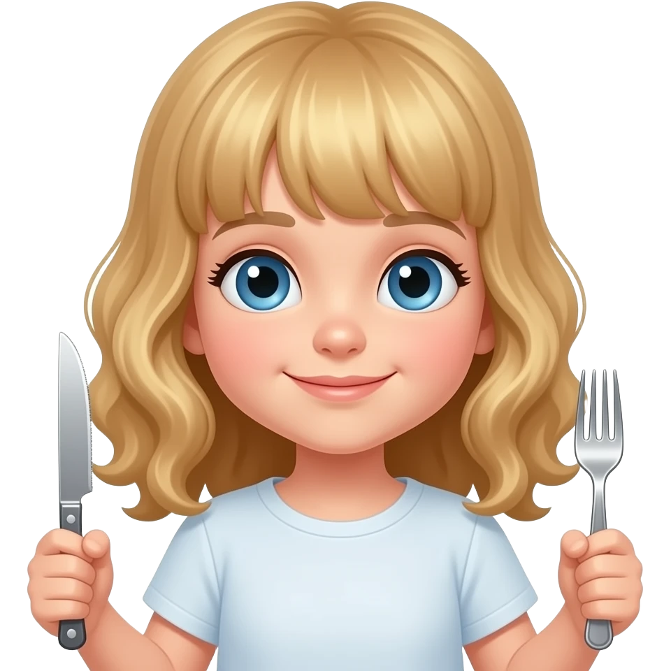 white kid blue eyes mid length hair to shoulders with bangs soft curly hair to shoulders in color: middle to little darker blond. with knife and fork emoji