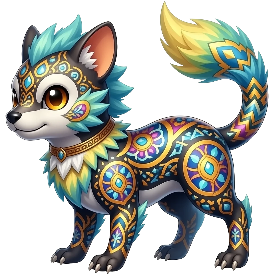 Shiny colorful Oriental painted marked patterned Asian beautiful elegant extravagant extraordinary Litten-Zygarde-Zangoose-fusion emoji