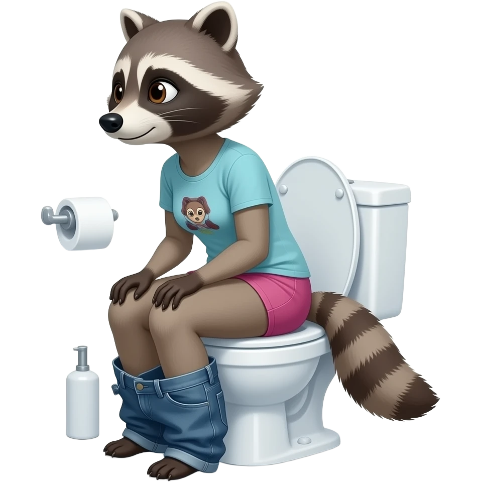 racoon furry person woman sit on toilet pants down side view emoji