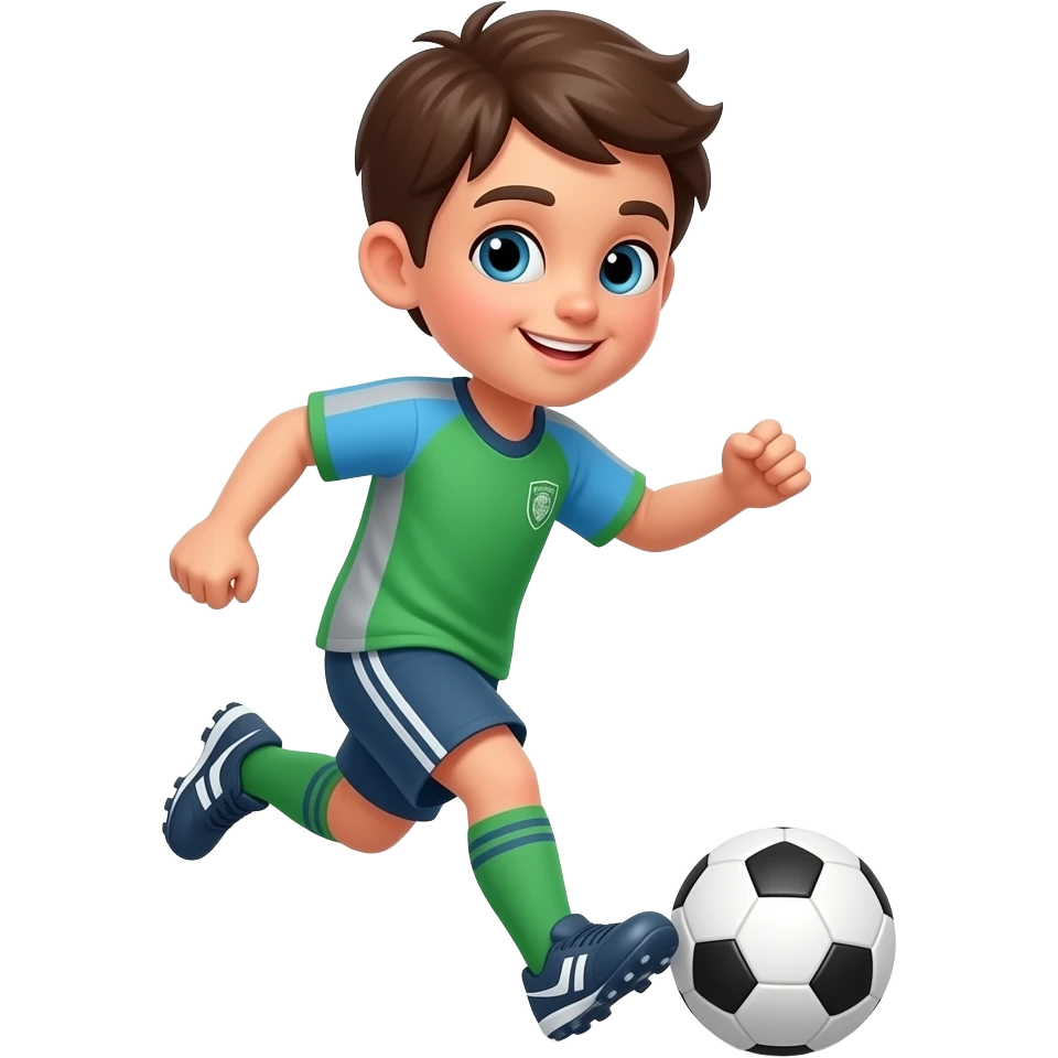 niño jugando al soccer con camiseta verde celeste y gris con zapatillas de futbol emoji