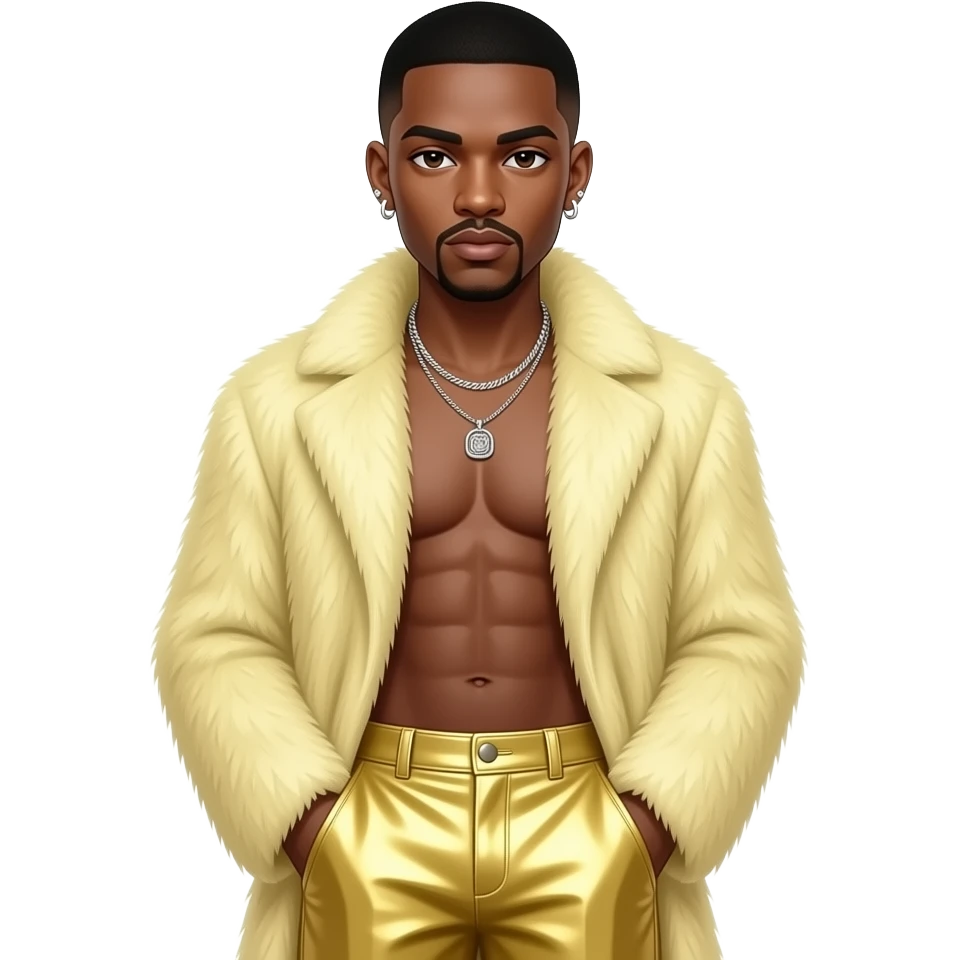 Usher with dark brown eyes, black buzz cut hair, light yellow fur coat, light yellow metallic baggy pants, shirtless with necklace and earrings emoji