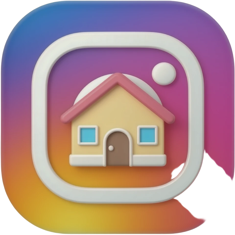 Make an emoji of a house in a 3d perspective poping out from an instagram logo like the instagram logo is a window. make it look pretty and try to keep the colours soft and pastel vibe emoji