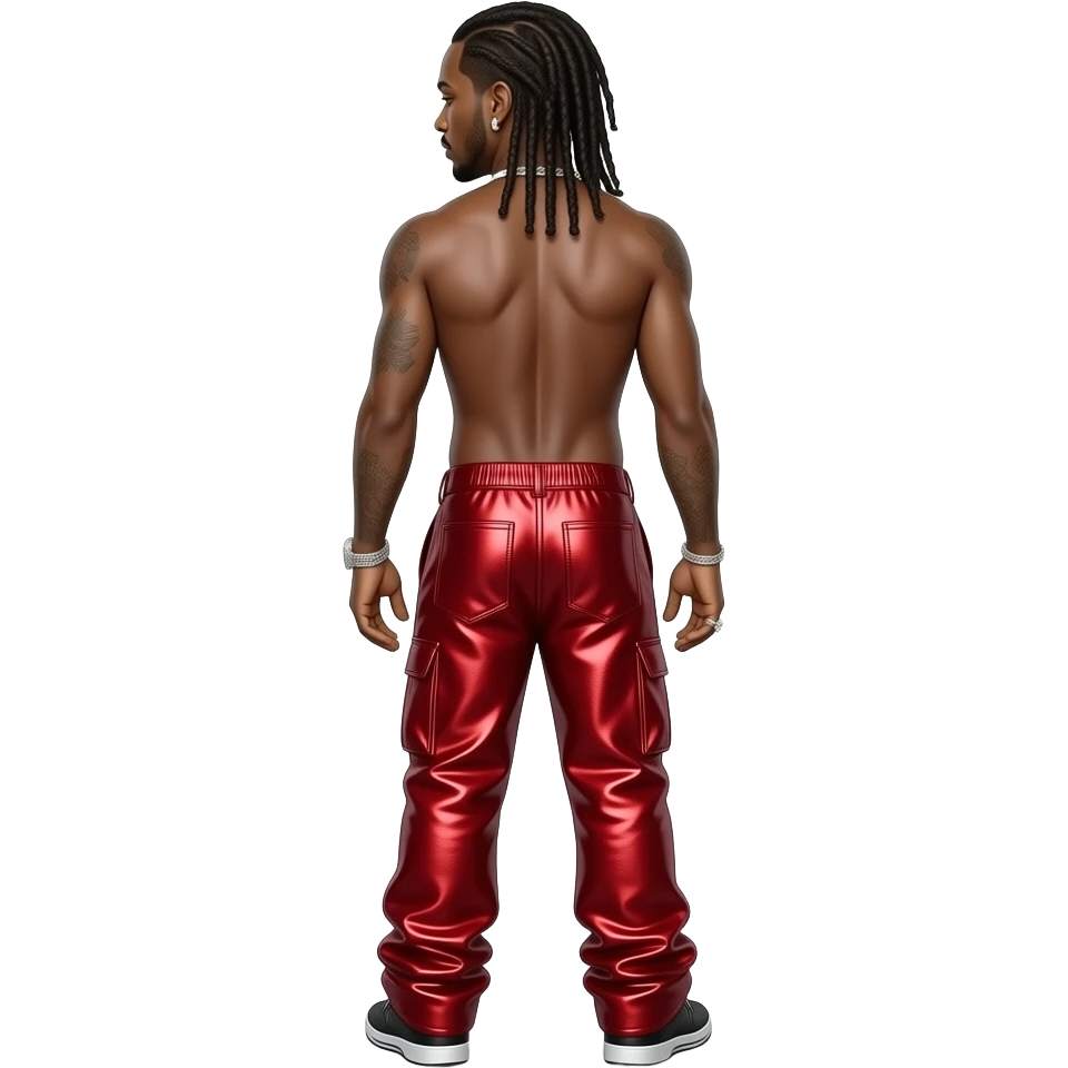 Lil Wayne from behind with long dreads, red metallic faux baggy pants shirtless with necklace and earrings emoji