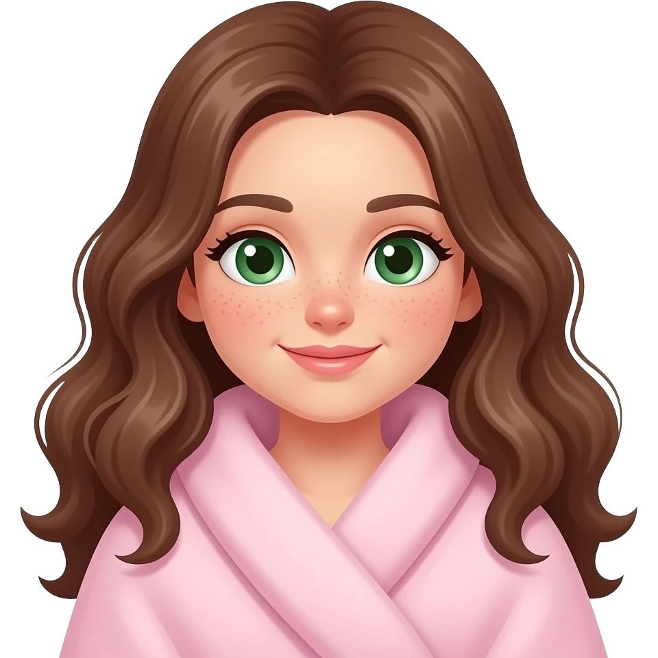 Brown wavy long hair green eyes cute face with freckles pretty girl covered with pastel pink blanket emoji