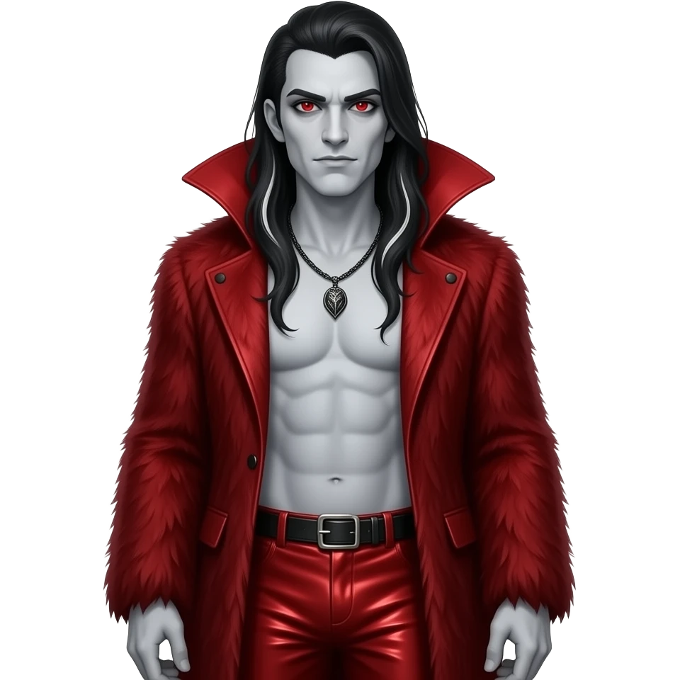 Count Dracula with pale grey skin, red eyes, long black hair with white highlights, crimson fur coat, crimson metallic faux baggy pants, shirtless with necklace emoji