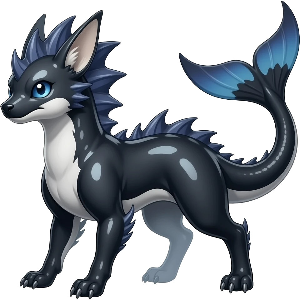 Quadrupedal digitigrade shiny glossy smooth finned frilled gothic tall slim unique epic legendary shiny edgy cool cyberpunk-solarpunk-fantasy-Absol-Sprigatito-Vaporeon-Furret-Manectric-Mudkip-Fakémon-hybrid with an orca tail emoji