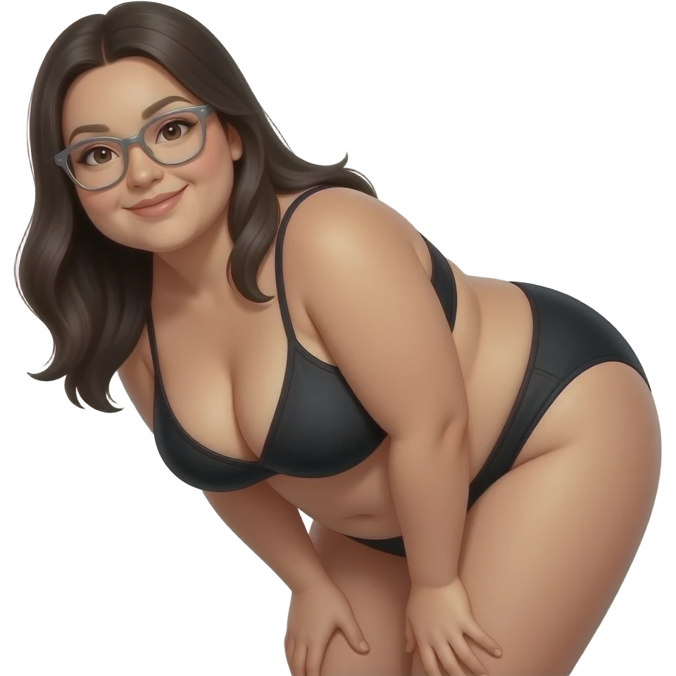 tanned fat chubby woman black long straight hair  with butt wearing black thong bent over large brown  areolas cubby round face with sulver glasses emoji