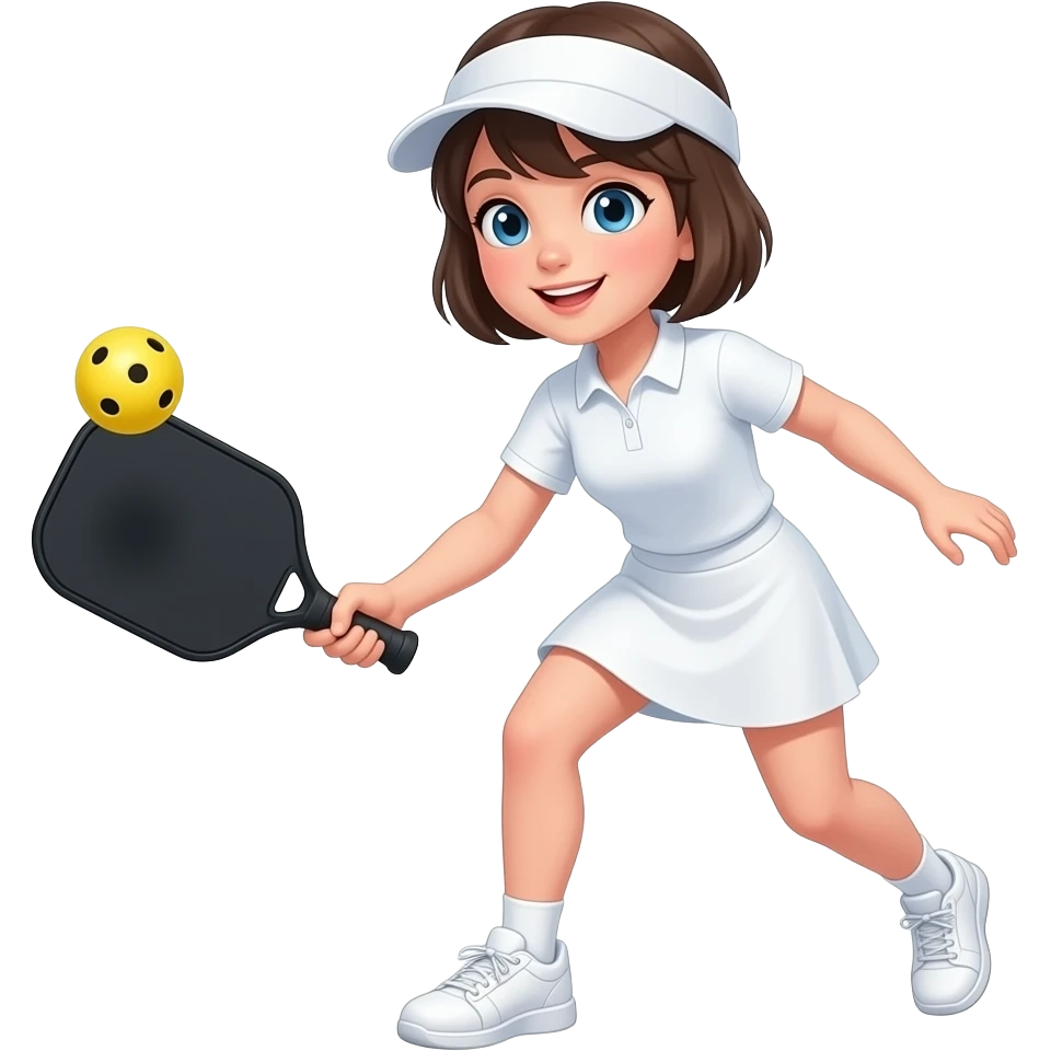 short haired blue eyed girl wearing sun visor, white polo shirt, white skirt, and playing pickleball with black foam paddle, yellow pickleball black holes,  and white snickers emoji