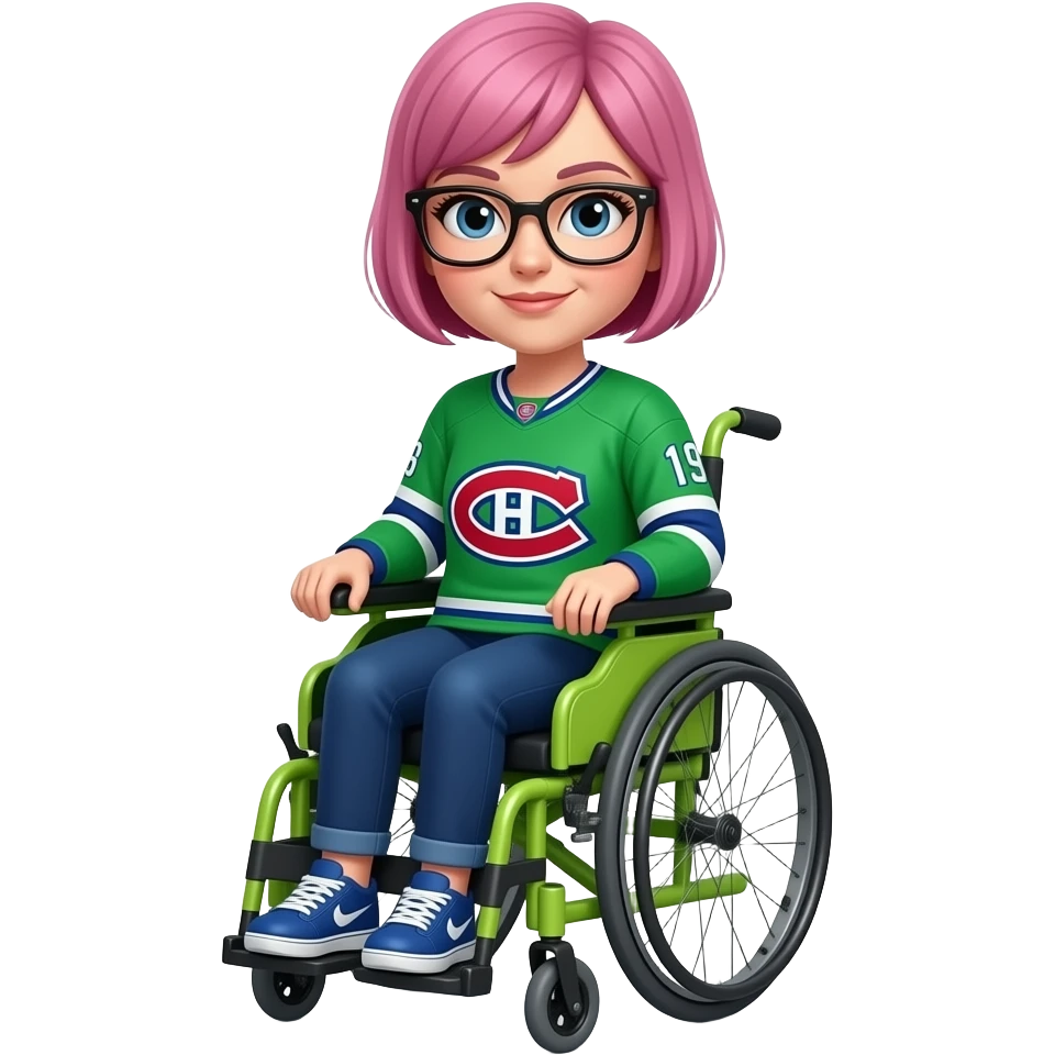 woman with very short pink hair and cat eye glasses canadiens jersey lime green electric wheelchair emoji