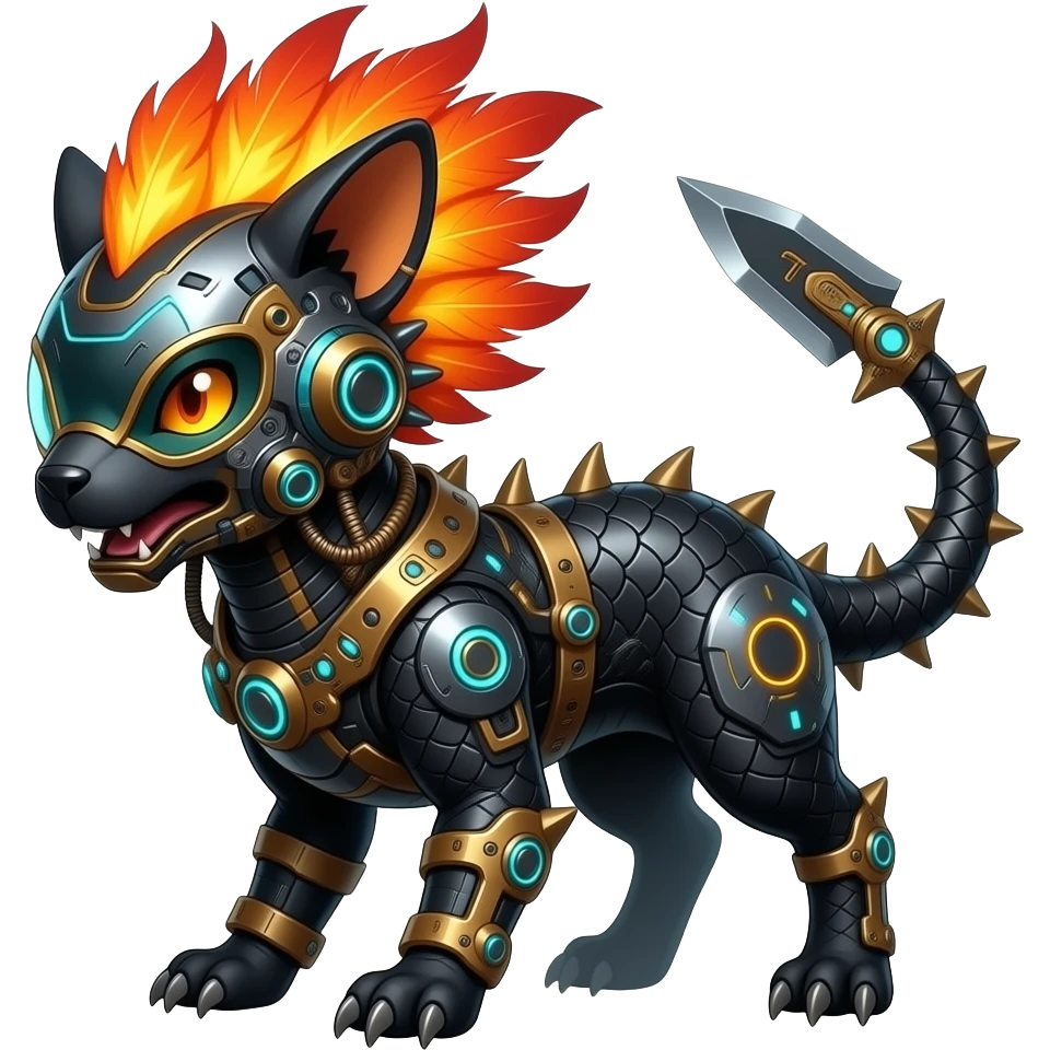 Cool edgy fiery bipedal furry cybernetic electrical visor-helmeted, Circuitry-patterned black-scaled digitigrade futuristic fantasy-Cyberpunk-Steampunk-Solarpunk-Genesect-Cyclizar-Salazzle-Protogen-Fakémon-animal-hybrid, with neon feather-mane, and a tail blade, back spikes emoji