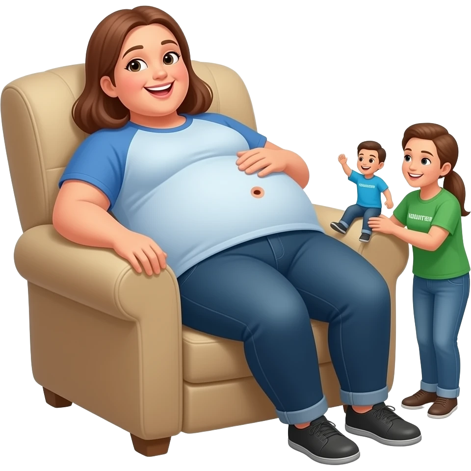 A female giant rests on a recliner sofa,with friendly gentle manner she hangs out her overfed rotund exposed belly,so the tiny volunteer admirers can use the girl’s vulnerable belly to bounce on,The female giant giggles because her bellybutton is ticklish. emoji