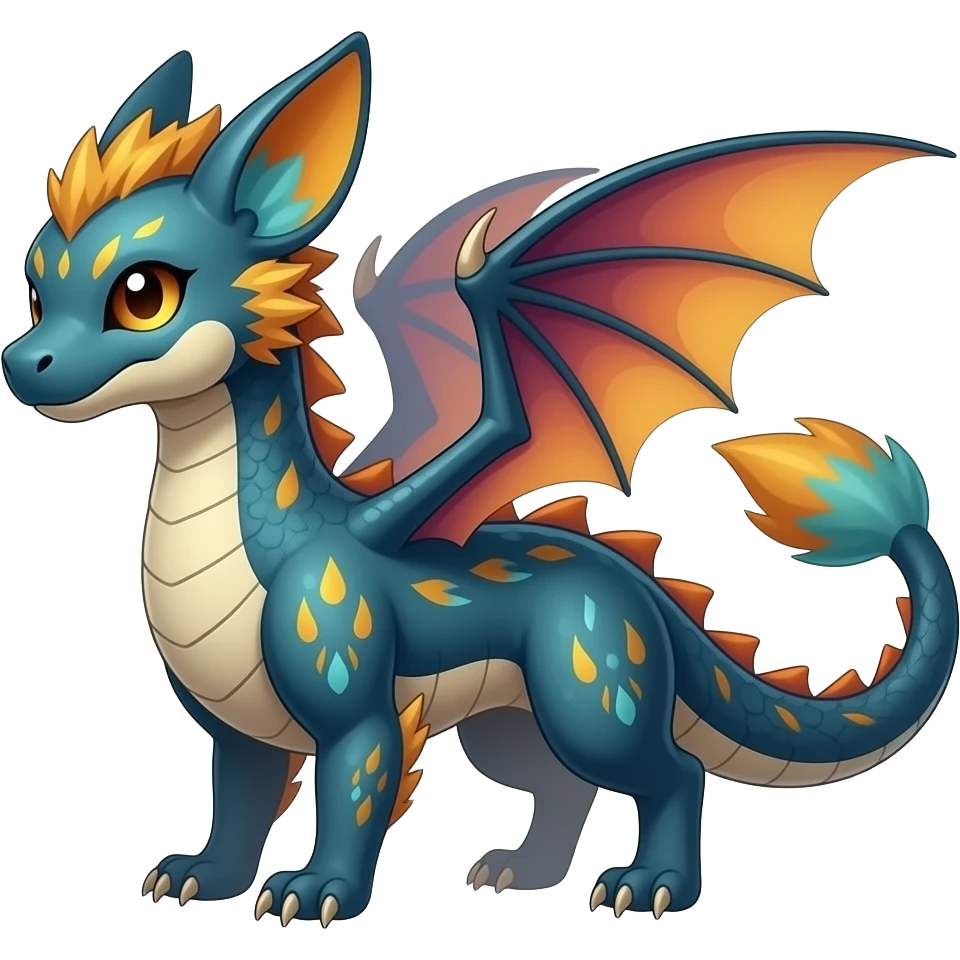 Beautiful pretty cool edgy elegant realistic Feral Rare Fantasy colorful vibrant Vernid-Trico-Haku-dragon-species-Fakemon-creature by LiLaiRa, random markings, tufted tail, tufted ears, full body emoji