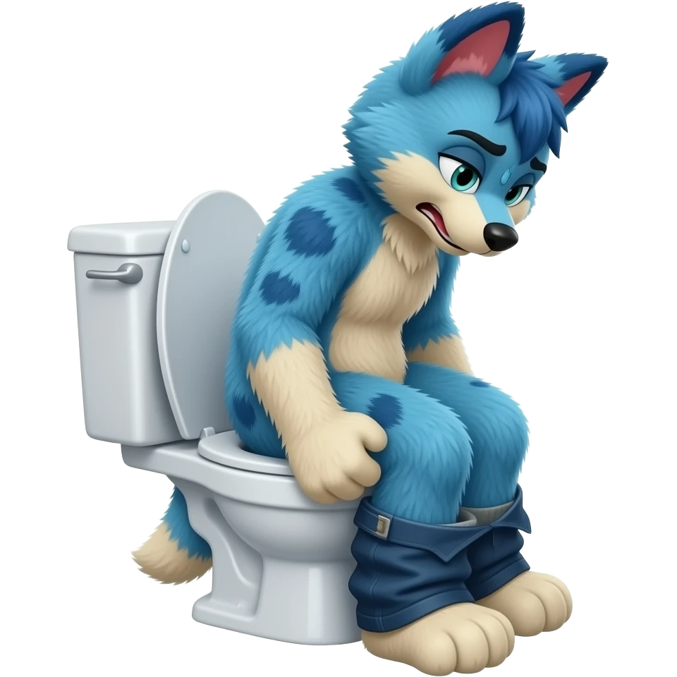 blue fursuit sitting on toilet, side view , pants down, pushing, straining face,  uncomfortable, hands on toilet bowl , sweating, red face emoji