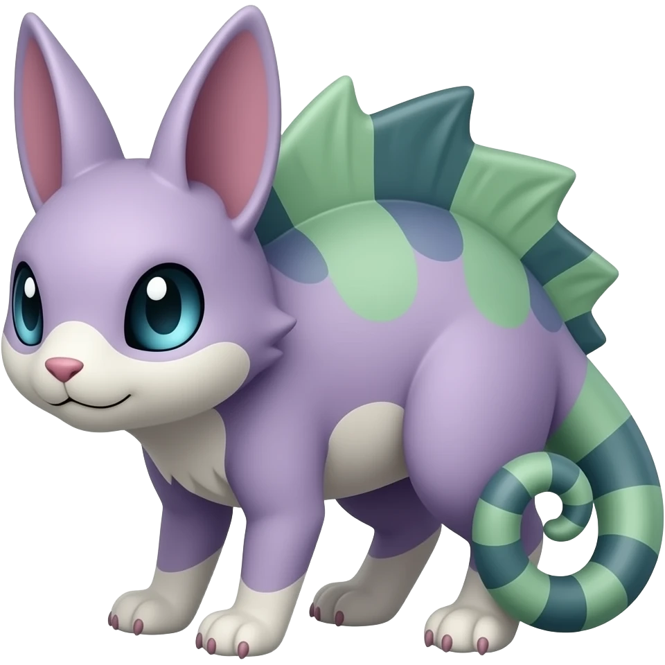 Purplish reddish greenish Rattata-Aurorus-Vaporeon-Litten-Cat-Rabbit-Bat-Fakémon-hybrid with a chameleon tail emoji