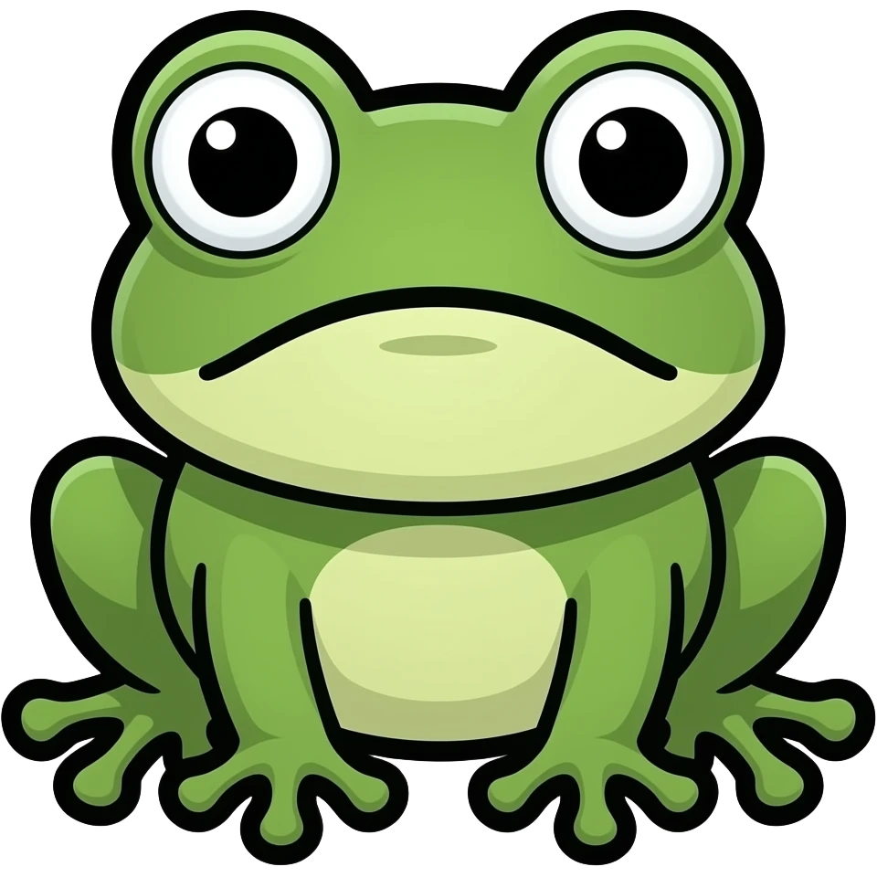 cute twitch emote, tiny goofy green frog creature with huge eyes, simple clean design, thick black outline, expressive reaction face, meme energy, transparent background, BTTV style, highly readable at small size, cute cursed aesthetic emoji