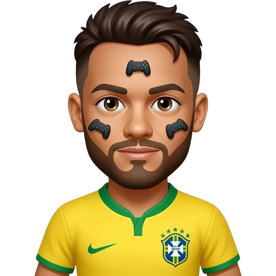 Neymar emoji avatar, Brazil jersey, cute cartoon style. Three tiny identical black gamepads spread across the face area, hidden like a visual search challenge. emoji