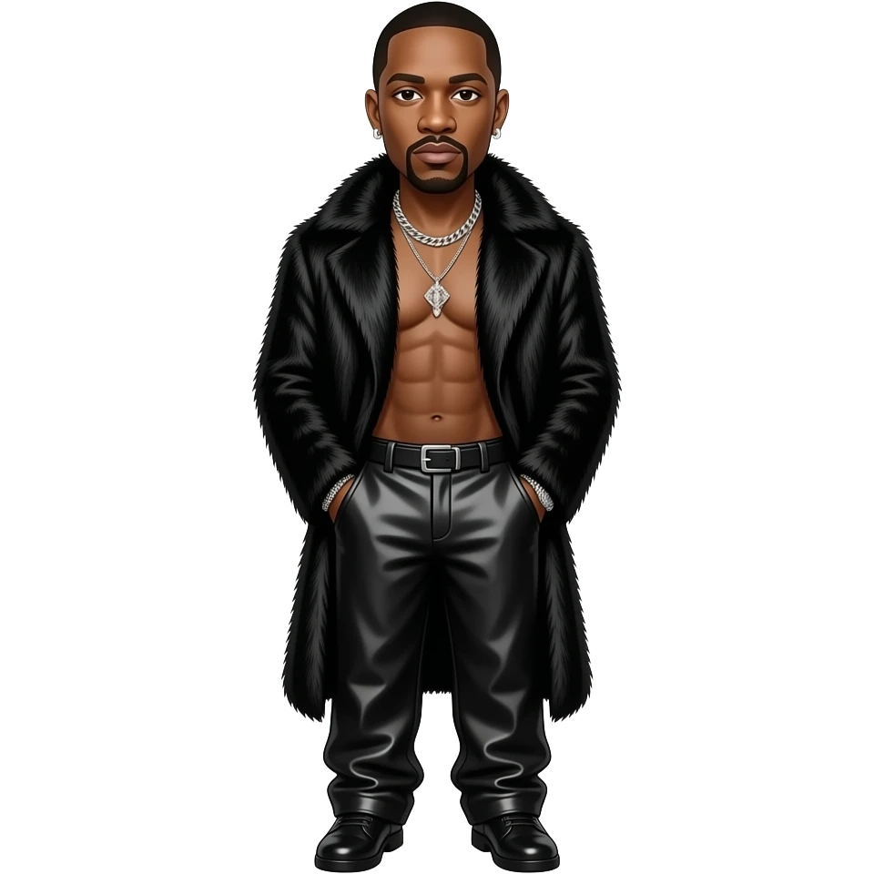 Dr Dre with dark brown eyes, black buzz cut hair, black fur coat, black metallic baggy pants, shirtless with necklace and earrings emoji
