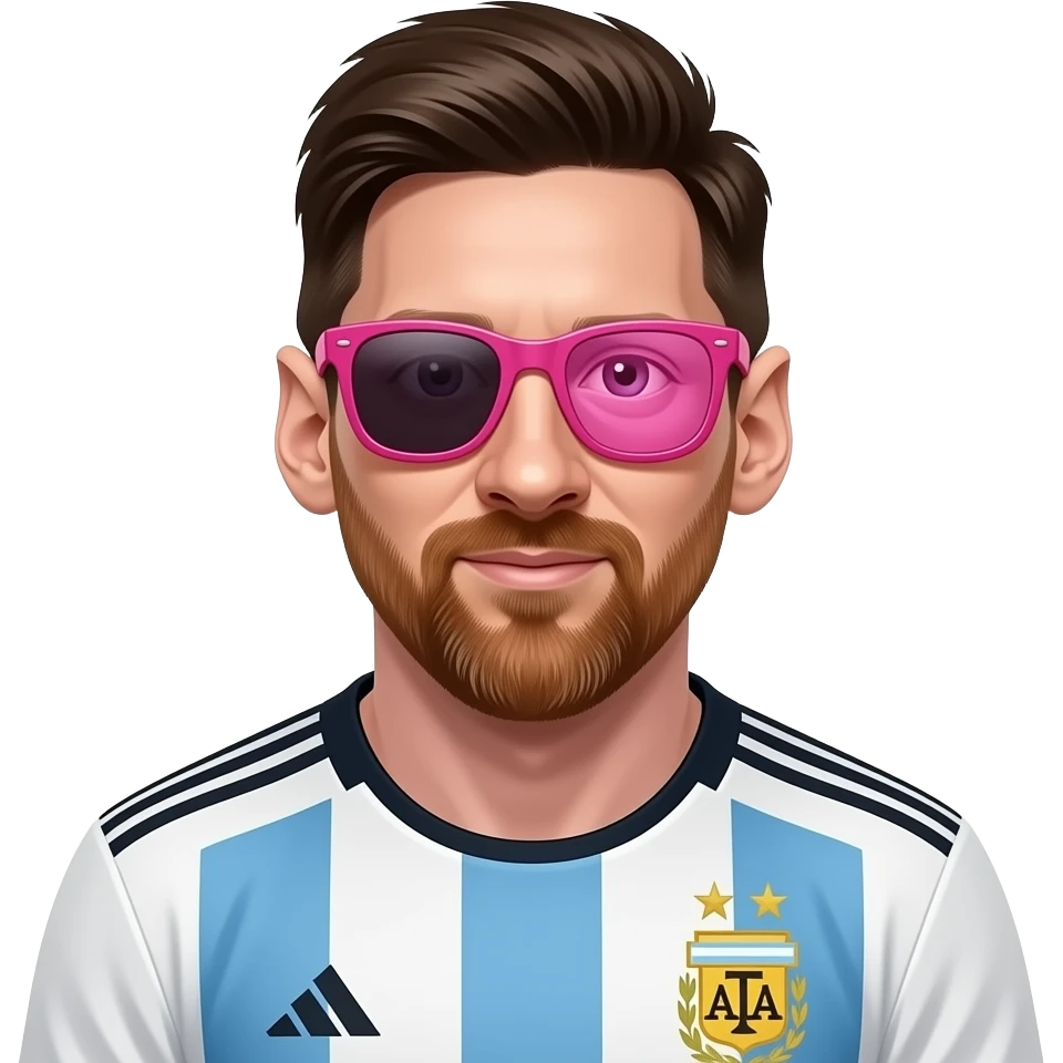 Messi emoji avatar, front-facing, Argentina jersey, cute cartoon style. Big pink sunglasses on his eyes; a tiny pink sunglasses is hidden inside the right lens as a reflection. emoji