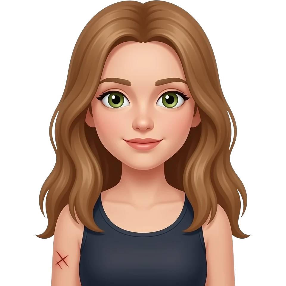 A teen girl with long light brown hair with a few scars on her left arm and hazel grewn eyes emoji