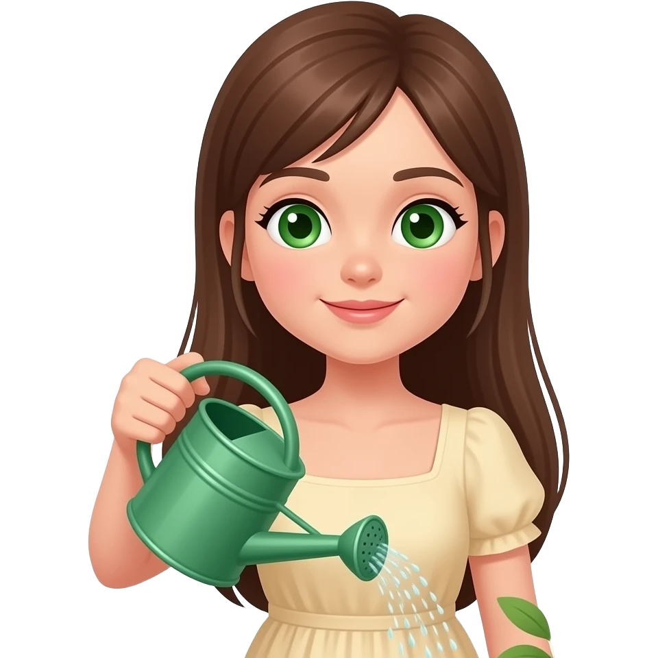 a closeup of a girl with long straight brown hair and small proportionate green eyes dressed in a beige summer dress watering plants with a green watering thing emoji